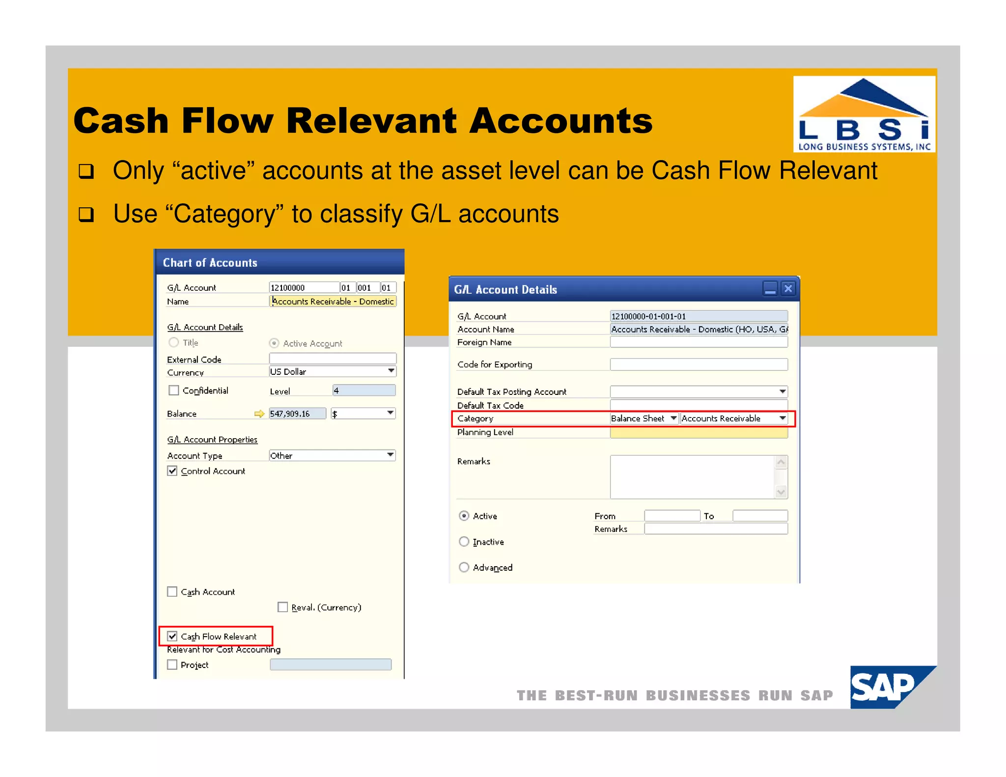 Cash Flow Relevant Accounts
 Only “active” accounts at the asset level can be Cash Flow Relevant
 Use “Category” to classify G/L accounts
 