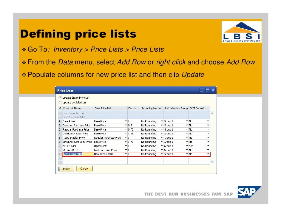 how to use sap business one price lists in 8 81