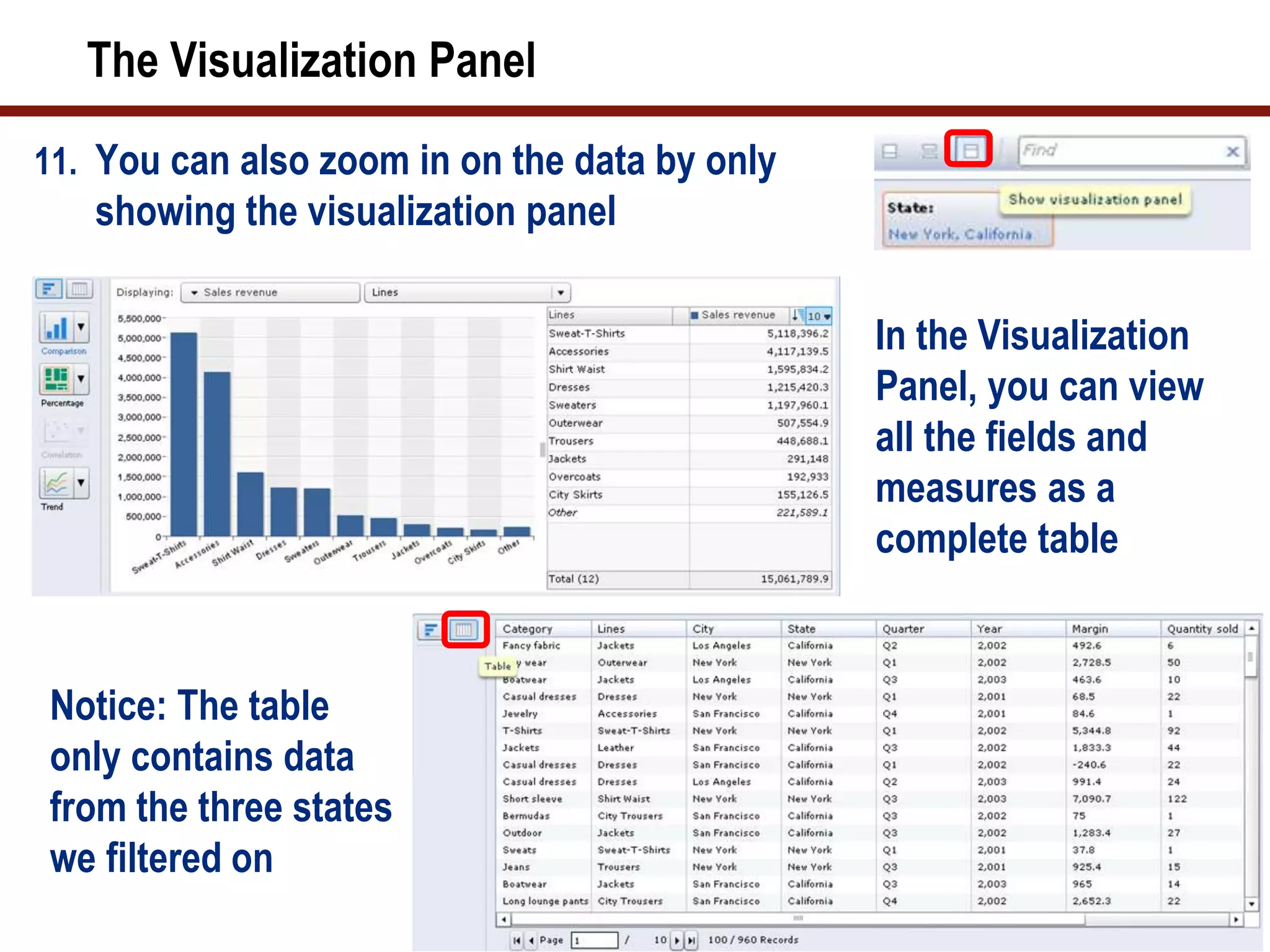 The Visualization Panel
11. You can also zoom in on the data by only
showing the visualization panel
In the Visualization
Panel, you can view
all the fields and
measures as a
complete table
Notice: The table
only contains data
from the three states
we filtered on
 