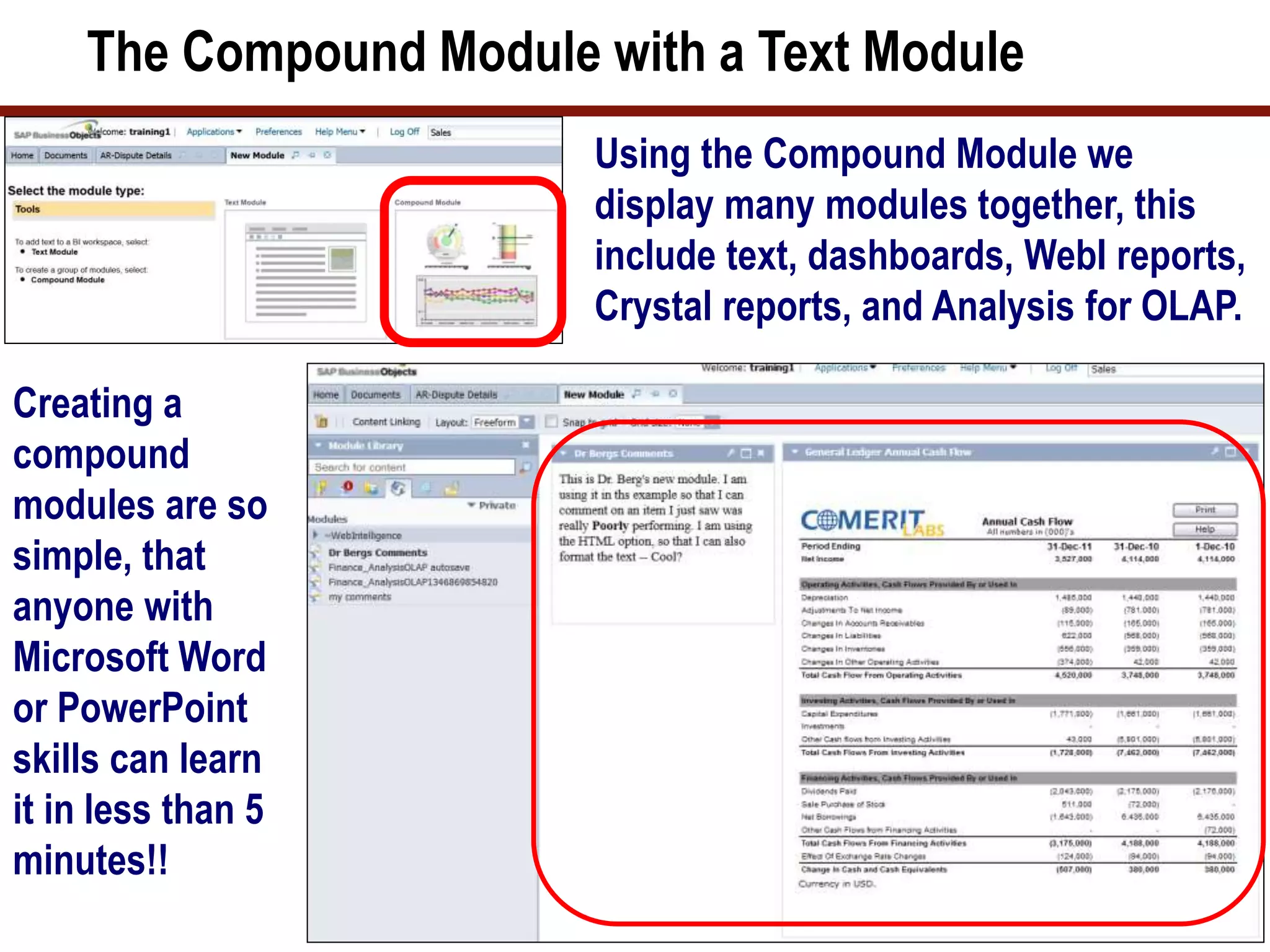 The Compound Module with a Text Module
Using the Compound Module we
display many modules together, this
include text, dashboards, WebI reports,
Crystal reports, and Analysis for OLAP.
Creating a
compound
modules are so
simple, that
anyone with
Microsoft Word
or PowerPoint
skills can learn
it in less than 5
minutes!!
 