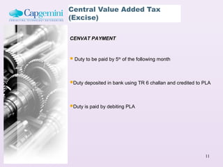 Central Value Added Tax
(Excise)

CENVAT PAYMENT



 Duty to be paid by 5   th
                              of the following month



Duty deposited in bank using TR 6 challan and credited to PLA


Duty is paid by debiting PLA




                                                           11
 