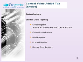 Central Value Added Tax
(Excise)

Excise Registers

Statutory Excise Reporting

       Excise Registers
        (RG23A & C Part I & Part II,RG1, PLA, RG23D)

       Excise Monthly Returns

       Bond Registers

       License Registers

       Running Bond Registers




                                                       12
 