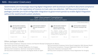 28 June 2020
B2G - DOCUMENT COMPLIANCE
Governments are increasingly requiring digital integration with businesses to perform document compliance
functions, such as the registration of invoices to track sales tax collection. SAP Document Compliance
packages provides pre-build configurable integration to government portals to enable digital integration
without the need to build custom solutions.
SAP Document Compliance: Electronic Invoices and Payment Receipt Complements for Mexico
eDocument: Electronic Invoicing for Spain
eDocument: Electronic Transport Registration for Hungary
SAP Document Compliance: Electronic Invoicing for Colombia
SAP Document Compliance: Electronic Tax Register Books for Spain
SAP SuccessFactors Employee Central Payroll Integration With Norway Payroll
SAP Document Compliance: Transport Registration Option for Portugal
eDocument: Electronic Invoicing for Chile
SAP Document Compliance: Electronic Invoice Registration for Hungary
Other packages include:
Andrew Harding Slide 16
 