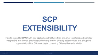 SCP
EXTENSIBILITY
How to extend S/4HANA with new applications that have their own User Interfaces and workflow
integrations that provide enhanced functionality without creating dependencies that disrupt the
upgradability of the S/4HANA digital core using Side-by-Side extensibility.
28 June 2020 Andrew Harding 23
 