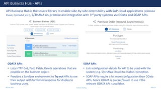 28 June 2020
API BUSINESS HUB - APIS
ODATA APIs:
• Lists HTTP Get, Post, Patch, Delete operations that are
possible on the business object.
• Provides a Sandbox environment to Try out APIs to see
their output with formatted response for display to
business users.
API Business Hub is the source library to enable side-by-side extensibility with SAP cloud applications (S/4HANA
Cloud, C/4HANA ,etc.), S/4HANA on-premise and integration with 3rd party systems via OData and SOAP APIs.
SOAP APIs:
• Lists configuration details for API to be used with the
system (e.g. S/4HANA Cloud) to enable connection.
• SOAP APIs require a lot more configuration than OData
APIs, hence ODATA is quicker/easier to use if the
relevant ODATA API is available.
Andrew Harding Slide 25
 