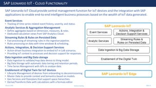 28 June 2020
SAP LEONARDO IOT - CLOUD FUNCTIONALITY
SAP Leonardo IoT Cloud provide central management function for IoT devices and the integration with SAP
applications to enable end-to-end intelligent business processes based on the wealth of IoT data generated.
Event Services
• Tracking of time series-related event history, severity, and status.
Analytic Services & Aggregation Management
• Define aggregates based on dimension, measures, & roles.
• Dedicated calculation views from SAP Analytics Cloud.
Streaming Rules & Rules on Persisted Data
• Fast processing of streaming rules in the ingestion pipeline.
• Rules processing on data with time windows & scheduling.
Actions, Integration, & Decision Support Services
• Action-driven business integration to embed IoT in LoB scenarios.
• Providing IoT context to processes and decision support for responses.
Data ingestion and Big Data storage
• Data Ingestion to validate/map data device to thing model.
• Big Data Storage with automatic data tiering and retention periods.
• Time Series Management with APIs to analyse data.
Enablement of Digital Twin for IoT devices
• Lifecycle Management of devices from onboarding to decommissioning.
• Master Data to provide context and Semantics based on models.
• Geo Services and Floorplans that support space hierarchies.
• Derive/Transform Data with calculations with a formula editor.
Andrew Harding Slide 41
 