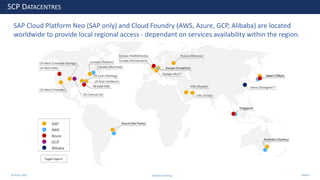 28 June 2020
SCP DATACENTRES
SAP Cloud Platform Neo (SAP only) and Cloud Foundry (AWS, Azure, GCP, Alibaba) are located
worldwide to provide local regional access - dependant on services availability within the region.
Andrew Harding Slide 6
 