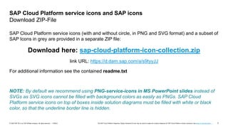 7
PUBLIC
© 2020 SAP SE or an SAP affiliate company. All rights reserved. ǀ The SAP Cloud Platform Diagrams, Design Elements & Icons may be used to create own solution diagrams for SAP Cloud Platform solution scenarios, see terms of use document …
SAP Cloud Platform service icons (with and without circle, in PNG and SVG format) and a subset of
SAP Icons in grey are provided in a separate ZIP file:
Download here: sap-cloud-platform-icon-collection.zip
link URL: https://d.dam.sap.com/a/s9tyyJJ
For additional information see the contained readme.txt
NOTE: By default we recommend using PNG-service-icons in MS PowerPoint slides instead of
SVGs as SVG icons cannot be filled with background colors as easily as PNGs. SAP Cloud
Platform service icons on top of boxes inside solution diagrams must be filled with white or black
color, so that the underline border line is hidden.
SAP Cloud Platform service icons and SAP icons
Download ZIP-File
 