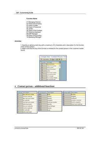 SAP – Customizing Guide


                   Function Name

                   01 Managing Director
                   02 Head of Purchasing
                   03 Head of Sales
                   04 Head of Personnel
                   05 Janitor
                   06 Head of the Canteen
                   07 Personal Assistant
                   08 EDP Manager
                   09 Head of Accounting
                   10 Marketing Manager

Activities

         1. Specify an alphanumeric key with a maximum of 2 characters and a description for the function
         of the contact person.
         2. Make sure that the key of the function is entered for the contact person in the customer master
         record.




    Contact person – additional functions




printed by Ahmad Rizki                                                                          203 of 341
 