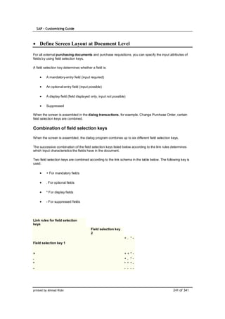 SAP – Customizing Guide



     Define Screen Layout at Document Level

For all external purchasing documents and purchase requisitions, you can specify the input attributes of
fields by using field selection keys.

A field selection key determines whether a field is:

          A mandatory-entry field (input required)

          An optional-entry field (input possible)

          A display field (field displayed only, input not possible)

          Suppressed

When the screen is assembled in the dialog transactions, for example, Change Purchase Order, certain
field selection keys are combined.

Combination of field selection keys

When the screen is assembled, the dialog program combines up to six different field selection keys.

The successive combination of the field selection keys listed below according to the link rules determines
which input characteristics the fields have in the document.

Two field selection keys are combined according to the link schema in the table below. The following key is
used:

          + For mandatory fields

          . For optional fields

          * For display fields

          - For suppressed fields




Link rules for field selection
keys
                                          Field selection key
                                          2
                                                                   +. *-
Field selection key 1


+                                                                  +   +   *   -
.                                                                  +   .   *   -
*                                                                  *   *   *   -
-                                                                  -   -   -   -




printed by Ahmad Rizki                                                                          241 of 341
 