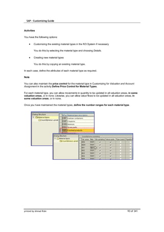 SAP – Customizing Guide


Activities

You have the following options:

         Customizing the existing material types in the R/3 System if necessary

         You do this by selecting the material type and choosing Details.

         Creating new material types

         You do this by copying an existing material type.

In each case, define the attributes of each material type as required.

Note

You can also maintain the price control for the material type in Customizing for Valuation and Account
Assignment in the activity Define Price Control for Material Types.

For each material type, you can allow movements in quantity to be updated in all valuation areas, in some
valuation areas, or in none. Likewise, you can allow value flows to be updated in all valuation areas, in
some valuation areas, or in none.

Once you have maintained the material types, define the number ranges for each material type.




printed by Ahmad Rizki                                                                         93 of 341
 