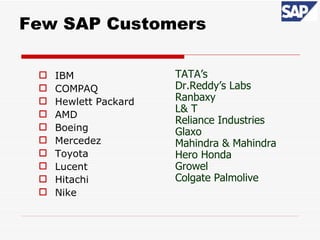 Few SAP Customers

    IBM               TATA’s
    COMPAQ            Dr.Reddy’s Labs
    Hewlett Packard   Ranbaxy
                       L& T
    AMD
                       Reliance Industries
    Boeing            Glaxo
    Mercedez          Mahindra & Mahindra
    Toyota            Hero Honda
    Lucent            Growel
    Hitachi           Colgate Palmolive
    Nike
 