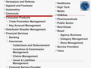 Aerospace and Defense                Healthcare
Apparel and Footwear                 High Tech
Automotive                           Media
Chemicals                            Oil&Gas
Consumer Products                    Pharmaceuticals
   Trade Promotion Management
                                      Public Sector
   Key Account Management
                                      Real Estate
Distributor Reseller Management      Retail
Financial Services                      Agency Business
   Banking
                                         Category Management
   Insurances
                                         Store Management
      Collections and Disbursement
                                      Service Providers
      Incentives & Commission
       Management
                                      Telco
      Claims Management
      Asset & Liabilities
       Management
  
 