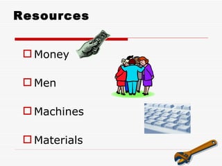 Resources


  Money

  Men

  Machines

  Materials
 