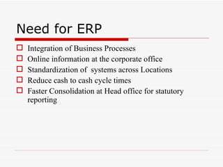 Need for ERP
   Integration of Business Processes
   Online information at the corporate office
   Standardization of systems across Locations
   Reduce cash to cash cycle times
   Faster Consolidation at Head office for statutory
    reporting
 