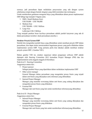 12	
  
	
  
usernya, jadi perusahaan dapat melakukan penyesuaian yang ada dengan system
sebelumnya tetapi dengan bentuk integrasi yang lebih terstruktur dan terintegrasi.
Untuk memberikan gambaran mengenai biaya yang dibutuhkan dalam proses implementasi
ERP dibagi lagi menjadi 3 bagian yaitu:
1. SME ( Small-Medium-Size)
US$ 50,000 – US$ 700,000
2. Medium Size
US$ 700,000 – US$ 3 Million
3. Large Size
Lebih dari US$ 3 Million
Yang menjadi patokan besar kecilnya perusahaan adalah jumlah karyawan yang ada di
dalam perusahaan tersebut ( skala perusahaan amerika ).
Struktur Proyek System ERP
Setelah kita mengetahui jumlah biaya yang dibutuhkan untuk membuat proyek ERP dalam
perusahaan, kita dapat mulai merencanakan bagaimana proses yang perlu dilakukan dalam
implementasi system ERP. Yang pertama perlu kita lakukan adalah membuat struktur
proyek system ERP. ( Gambar VIII )
Dalam gambar VIII ini, struktur organisasi dalam pengerjaan software ERP adalah
dipimpin oleh Steering Committee (SC) kemudian Project Manager (PM) dan tim
implementation serta anggota-anggota di bawahnya.
Pada level I : Steering Committtee
Anggotanya antara lain :
• Project sponsor
Sebagai pemberi biaya yang diperlukan dalam melakukan implementasi ERP
• Other senior manager
General Manager dalam perusahaan yang mengetahui proses bisnis yang terjadi
dalam unit bisnis yang dikerjakan serta informasi yang dibutuhkan
• Internal Project Manager
Manager yang memiliki wewenang dalam unit bisnis yang sedang dikerjakan dan
mengetahui proses bisnis yang dilakukan
• External PM
Manager dari unit bisnis yang lain untuk memberikan informasiyang dibutuhkan
Pada level II : Project Manager
Anggotanya antara lain :
• Internal Project Manager
Manager yang memiliki wewenang dalam unit bisnis yang sedang dikerjakan dan
mengetahui proses bisnis yang dilakukan
• External Project Manager
Manager dari unit bisnis yang lain untuk memberikan informasiyang dibutuhkan
 