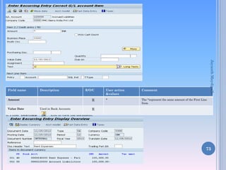 Description

R

Amount
Value Date

6. Press “Overview”

R/O/C

Used in Bank Accounts

Jayanth Maydipalle

Field name

User action
&values

Comment

*

The *represent the same amount of the First Line
Item.

R

icon to view the document.

73

 