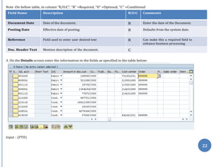 Note :On bellow table, in column “R/O/C”, “R” =Required, “O” =Optional, “C” =Conditional
Field Name Description R/O/C Comments
Document Date Date of the document. R Enter the date of the Document.
Posting Date Effective date of posting. R Defaults from the system date.
Reference Field used to enter user desired text R Can make this a required field to
enhance business processing
Doc. Header Text Mention description of the document. C
3. On the Details screen enter the information in the fields as specified in the table below:
Input : (PTO)
22
 