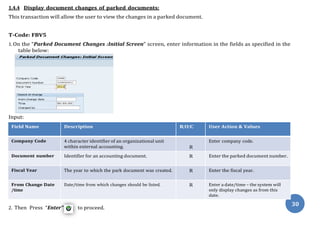 30
1.4.4 Display document changes of parked documents:
This transaction will allow the user to view the changes in a parked document.
T-Code: FBV5
1. On the “Parked Document Changes :Initial Screen” screen, enter information in the fields as specified in the
table below:
Input:
Field Name Description R/O/C User Action & Values
Company Code 4 character identifier of an organizational unit
within external accounting. R
Enter company code.
Document number Identifier for an accounting document. R Enter the parked document number.
Fiscal Year The year to which the park document was created. R Enter the fiscal year.
From Change Date
/time
Date/time from which changes should be listed. R Enter a date/time – the system will
only display changes as from this
date.
2. Then Press “Enter” to proceed.
 