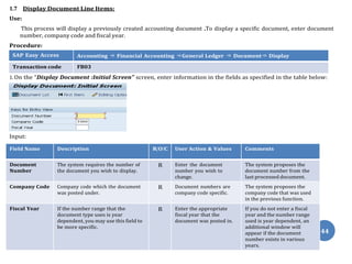 44
1.7 Display Document Line Items:
Use:
This process will display a previously created accounting document .To display a specific document, enter document
number, company code and fiscal year.
Procedure:
SAP Easy Access Accounting ⇒ Financial Accounting ⇒General Ledger ⇒ Document⇒ Display
Transaction code FB03
1. On the “Display Document :Initial Screen” screen, enter information in the fields as specified in the table below:
Input:
Field Name Description R/O/C User Action & Values Comments
Document
Number
The system requires the number of
the document you wish to display.
R Enter the document
number you wish to
change.
The system proposes the
document number from the
last processed document.
Company Code Company code which the document
was posted under.
R Document numbers are
company code specific.
The system proposes the
company code that was used
in the previous function.
Fiscal Year If the number range that the
document type uses is year
dependent, you may use this field to
be more specific.
R Enter the appropriate
fiscal year that the
document was posted in.
If you do not enter a fiscal
year and the number range
used is year dependent, an
additional window will
appear if the document
number exists in various
years.
 