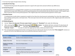 ocess o
scr
1. On the “Editing Status”, the following data appears:
58
7. You have four types of open items clearing :
a. Standard Clearing:
Standard Clearing means the payment amount is equal to the open item amount without any differences.
b. Partial Payment
A partial payment is a payment that is posted to an account without any open items being cleared .You assign this partial
payment to an open item .When you post the partial payment, the system marks the document number of the original open
item in the line item for the partial payment .The original open item and the partial payment remain open.
c. Residual items
A residual item results when a payment is made for less than the actual amount outstanding .You clear the original open
item, and the system posts a new open item . This new open item is for the same amount as the original open item minus the
amount paid.
d. Withholding tax
8. On the” Clear G/L Account :Process open items” screen, the “Standard” tab, make the following:
9. After entering the een “Clear G/L Account Pr pen items “, by default all items activated .To deactivate all
items first choose “Select all” and then “Deactivate items” .Afterwards you can choose Select and then
“Activate items”, in order to select the appropriate items, which you want to clear.
10. The activated items (represented in blue writing )can become afterwards cleared, if in the field “Not assigned” contains an
amount of 0, 00 or the difference does not exceed the tolerance limit for users.
1
(PTO)
Field name Description Comment
Number of items Number of items displayed in the list.
Display from item First item to be displayed on the page.
Display in clearing
currency
Shows the Display Status. <Document
Currency/Local
Currency>
Amount entered Amount to be cleared. <0>
Assigned Total of the active items displayed. <0>
Not assigned Shows the difference between the amount to be cleared
and the net total of the active open items selected for
clearing.
Must be =ZERO
 