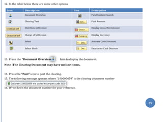 ”
59
12. In the table below there are some other options
Icon Description Icon Description
Document Overview Field Content Search
Clearing Text Find Amount
Distribute difference Display Gross/Net Amount
Charge off difference Display Currency
Select Activate Cash Discount
Select Block Deactivate Cash Discount
13. Press the “Document Overview Icon to display the document.
Note :The Clearing Document may have no line items.
14. Press the “Post” icon to post the clearing.
15. The following message appears where “100000059” is the clearing document number
16. Write down the document number for your reference.
 