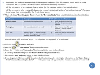 n th
hat
62
 If the items are archived, the system will check the archives and if the document is found it will be reset
.Otherwise, the A/R control clerk will have to perform the following procedure:
o If the payment is to be reset and cleared again, the clerk should utilize „Post with clearing‟.
o If the payment is to be reset and left open, the control clerk should utilize „Post without clearing‟ .The open
items would then be resolved by the Credit department.
7. When selecting “Resetting and Reverse”, on the “Reversal data” box, enter the information from the table
below:
Note :On Above table in column “R/O/C”, “R” =Required, “O” =Optional, “C” =Conditional
8. Select the in the “Reversal data” box.
9. Select the i e “Information” box to post the document.
10. Select the in the next “Information” box to complete the reset of cleared items.
11. If selecting “Only resetting” on the “Reversal of clearing document” box:
12. Click on the “Only resetting” button to reset the cleared item.
13. If resetting cleared documents t were cleared without posting, after entering the information on the “Reset cleared
items” screen and selecting the “Save” button, a message will appear that the cleared documents were reversed.
Field name Description R/O/C User action &values
Reversal reason Reason for reversing a document. R Enter the proper reason code
based on the process you will
perform.
Posting date Date when a document is reversed. R Enter current date .This has to
be today’s date for auditing
purposes.
Fiscal year Defines a period, 12 months as a rule,
for which the company is to create its
inventory and balance sheet.
R Enter year that the cleared item
was posted.
 