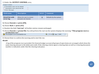 67
3. Under the OUTPUT CONTROL area.
Field name Description R/O/C Comment
Detail list with
error log
Allows for user to review
accounts not cleared.
R Defaults by the system.
4. Choose Execute or press (F8).
5. Choose Back or press (F3).
6. Deselect the field “test run”, all further entries remain unchanged.
7. Choose Execute or press( F8) .You will perform the real run the system displays the warning :“This program run is a
production run”.
8. Choose Enter to confirm the warning and to start the run.
Result
A log of the program run is provided .Per General Ledger account all groups of open items are arranged, which show the
same clearing amount in the debit and credit .If the clearing criteria agree a clearing date as well as a clearing document
number is indicated, under that the clearing took place.
 