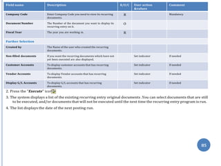 n
85
2. Press the “Execute” ico
3. The system displays a list of the existing recurring entry original documents .You can select documents that are still
to be executed, and/or documents that will not be executed until the next time the recurring entry program is run.
4. The list displays the date of the next posting run.
Field name Description R/O/C User action
&values
Comment
Company Code Enter Company Code you need to view its recurring
documents.
R Mandatory
Document Number The Number of the document you want to display its
recurring entry on it.
O
Fiscal Year The year you are working in. R
Further Selection
Created by The Name of the user who created the recurring
documents.
Non-filled documents If you want the recurring documents which have not
yet been executed are also displayed.
Set indicator If needed
Customer Accounts To display customer accounts that has recurring
documents.
Set indicator If needed
Vendor Accounts To display Vendor accounts that has recurring
documents.
Set indicator If needed
Display G/L Accounts To display G/L accounts that has recurring
documents.
Set indicator If needed
 