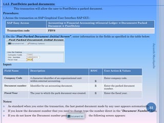 1.4.5 Post/Delete parked documents:
This transaction will allow the user to Post/Delete a parked document.
Procedure:
1.Access the transaction on SAP Graphical User Interface SAP GUI :
2. On the “Post Parked Document :Initial Screen”, enter information in the fields as specified in the table below:
Input:
Notes:
 As standard when you enter the transaction, the last posted document made by any user appears automatically .
 If you know the document number that you need to change type the number direct in the “Document Number” field.
 If you do not know the Document number press the following screen appears:
32
SAP Easy Access Accounting ⇒ Financial Accounting ⇒General Ledger ⇒ Document⇒ Parked
Document ⇒ Post/Delete
Transaction code FBV0
Field Name Description R/O/C User Action & Values
Company Code 4 character identifier of an organizational unit
within external accounting. R
Enter company code.
Document number Identifier for an accounting document. R Enter the parked document
number.
Fiscal Year The year to which the park document was created. R Enter the fiscal year.
JayanthMaydipalle
 