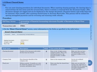 60
1.12 Reset Cleared Items:
Use
You can reset clearing procedures for individual documents .When resetting clearing postings, the clearing data is
removed from the line items (and the reversal data, where it existed, is removed from the document header .)The
document changes are logged and can be displayed in the change documents .Payment history and credit limit will
be corrected, when needed, after resetting cleared items in Accounts Receivable .This process will be utilized for
opening misapplied payments and for reversing and reissuing credit refunds .
Procedure
1.On the “Reset Cleared Items” screen, enter information in the fields as specified in the table below:
SAP Easy Access Accounting ⇒ Financial Accounting ⇒Accounts Payable ⇒ Document ⇒ Reset Clear
Document
Transaction code FBRA
Field name Description R/O/C User action &values Comment
Clearing document Number of the document with which
the line item was cleared.
R Enter in the 10-digit system-
assigned number .This is the
clearing document or the
payment number, or offset
number.
Make sure that you have
the information of what
payment or offset is to be
reset.
Company Code Four-character identifier of the
company code.
R Enter in the company code. Can be set as default
parameter.
Fiscal year Defines a period, 12 months as a rule,
for which the company is to create its
inventory and balance sheet.
R Enter year that the cleared item
was posted.
Make sure you enter the
current year, otherwise it
will affect the G/L reporting
and upper management
reports regarding.
JayanthMaydipalle
 