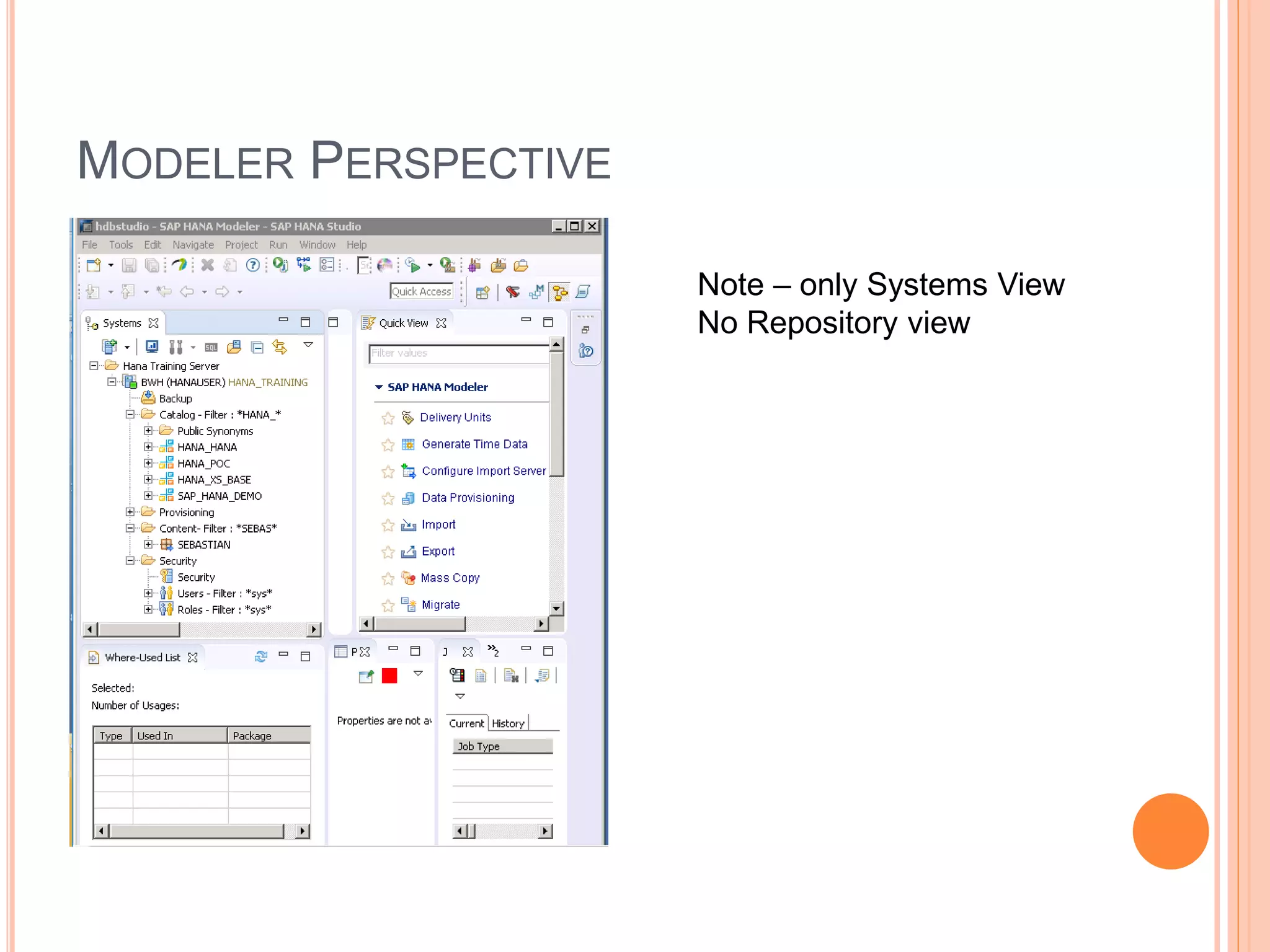 MODELER PERSPECTIVE
Note – only Systems View
No Repository view
 