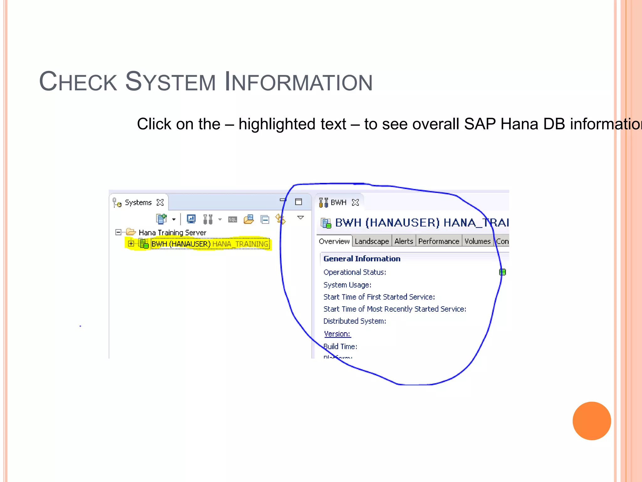 CHECK SYSTEM INFORMATION
Click on the – highlighted text – to see overall SAP Hana DB information
 