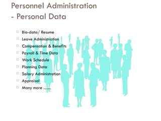 Personnel Administration  - Personal Data Bio-data/ Resume Leave Administration Compensation & Benefits Payroll & Time Data Work Schedule Planning Data Salary Administration Appraisal Many more …... 