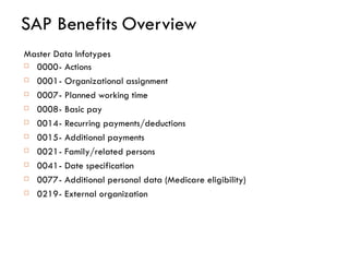 SAP Benefits   Overview Master Data Infotypes 0000 - Actions 0001 - Organizational assignment 0007 - Planned working time 0008 - Basic pay  0014 - Recurring payments/deductions 0015 - Additional payments 0021 - Family/related persons  0041 - Date specification 0077 - Additional personal data (Medicare eligibility) 0219 - External organization 