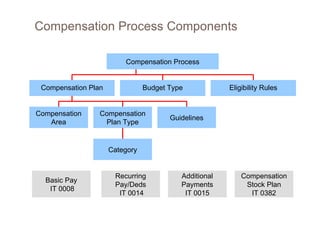 Compensation Plan Eligibility Rules Compensation Plan Type Guidelines Category Compensation Process Budget Type Compensation Area Compensation Process Components Basic Pay IT 0008 Recurring Pay/Deds  IT 0014 Additional Payments IT 0015 Compensation Stock Plan IT 0382 