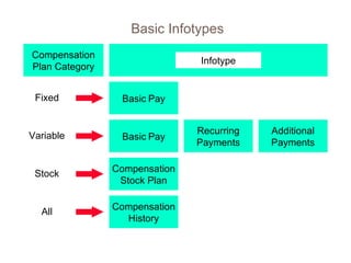 Basic Infotypes Compensation Plan Category Infotype Fixed Basic   Pay Basic   Pay Compensation Stock Plan Compensation History Variable Stock All Recurring Payments Additional Payments 