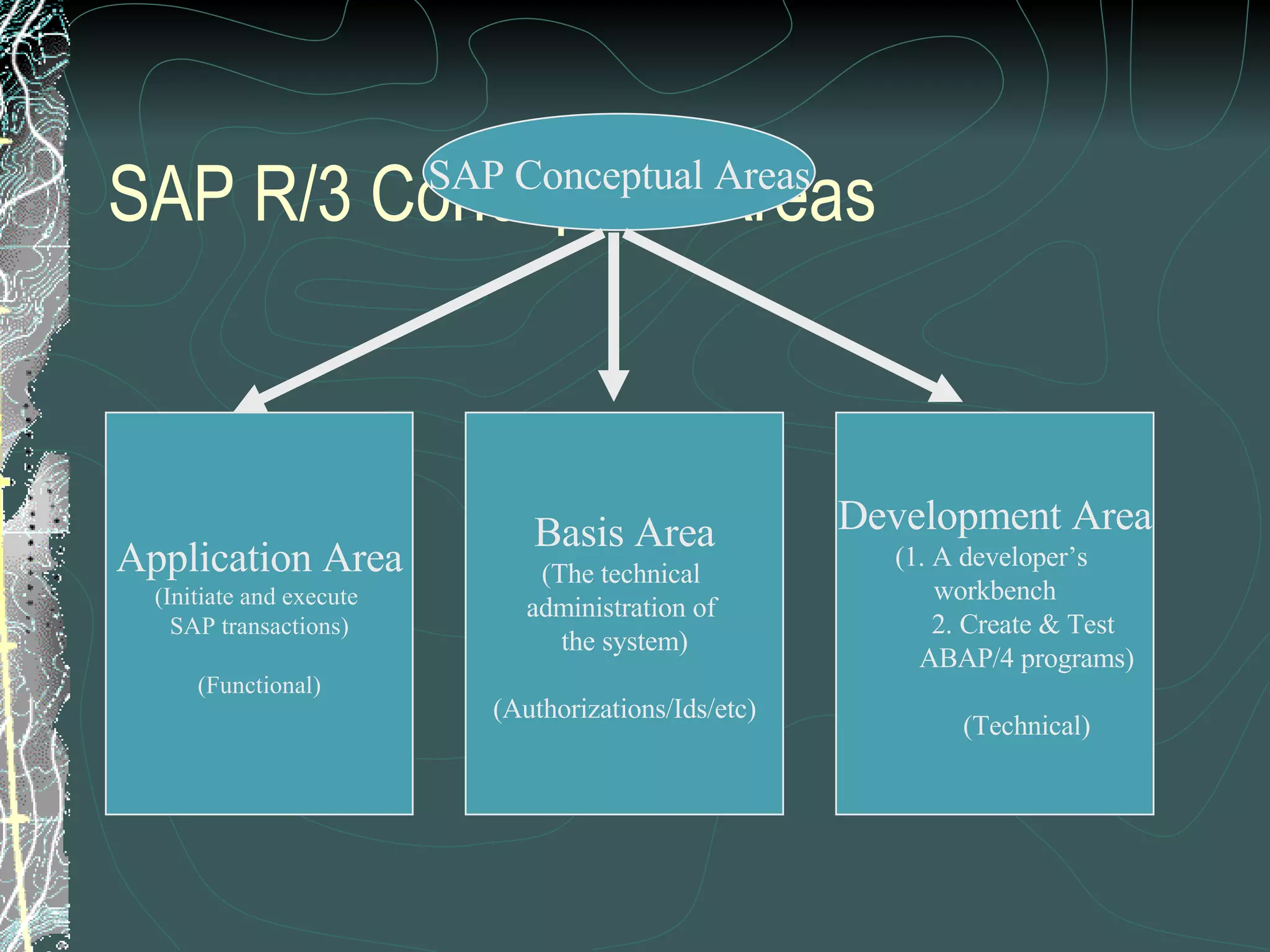 SAP R/3 Conceptual Areas SAP Conceptual Areas Application Area (Initiate and execute  SAP transactions) (Functional) Basis Area (The technical  administration of  the system) (Authorizations/Ids/etc) Development Area (1. A developer’s  workbench 2. Create & Test  ABAP/4 programs) (Technical) 