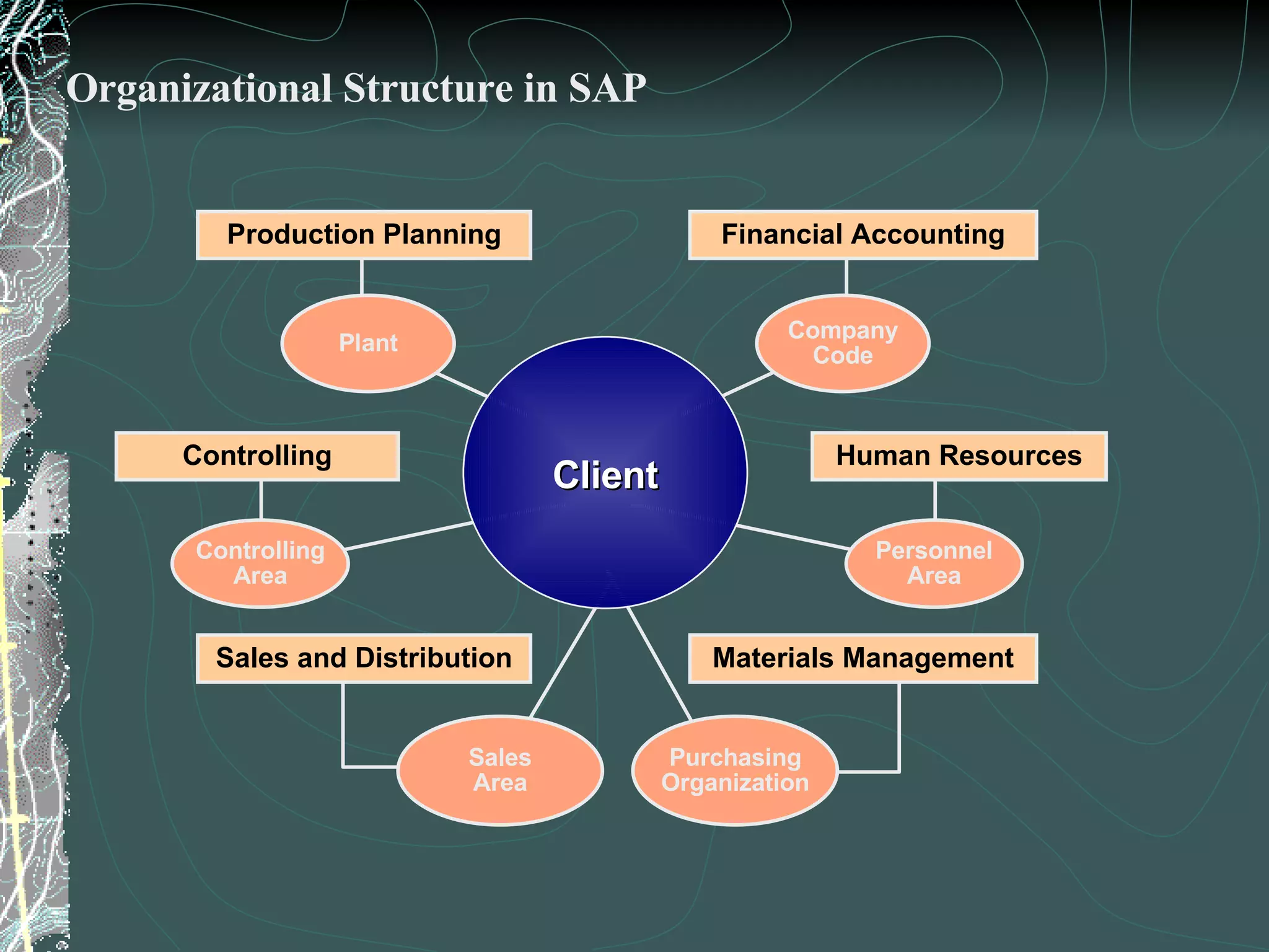 Organizational Structure in SAP Human Resources Controlling Client Company Code Purchasing Organization Personnel Area Production Planning Sales and Distribution Materials Management Financial Accounting Sales Area Controlling Area Plant 