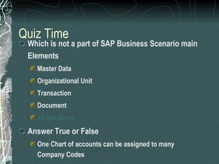 Quiz Time Which is not a part of SAP Business Scenario main Elements Master Data Organizational Unit Transaction Document All the above  Answer True or False One Chart of accounts can be assigned to many Company Codes ( True) A plant can be assigned to many Company codes (False) 