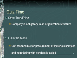 Quiz Time State True/False Company is obligatory in an organization structure Fill in the blank Unit responsible for procurement of materials/services and negotiating with vendors is called ____________. 