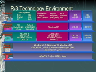 R/3 Technology Environment DB2 for OS/390 ADABAS D DB2 for AIX INFORMIX-OnLine ORACLE Windows 3.1, Windows 95, Windows NT, OSF/Motif *, OS/2 Presentation Manager (PM), Macintosh *, Java ADABAS D MS SQL Server  INFORMIX-OnLine ORACLE ABAP/4, C, C++, HTML, Java DB2 for  OS/400 OS/390 AIX Digital UNIX HP-UX Reliant UNIX (SINIX) SOLARIS Windows NT OS/400 Hardware Bull/Zenith Compaq Data General ... NCR Sequent SNI Digital HP (Intel) IBM (Intel) Bull Digital HP IBM SNI SUN UNIX Systems IBM AS/400 Operating systems Dialog SAPGUI Languages Databases IBM S/390 