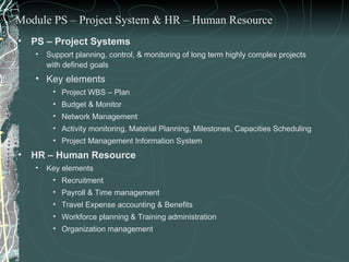 PS – Project Systems Support planning, control, & monitoring of long term highly complex projects with defined goals Key elements  Project WBS – Plan Budget & Monitor Network Management  Activity monitoring, Material Planning, Milestones, Capacities Scheduling Project Management Information System HR – Human Resource Key elements Recruitment Payroll & Time management Travel Expense accounting & Benefits Workforce planning & Training administration Organization management Module PS – Project System & HR – Human Resource 