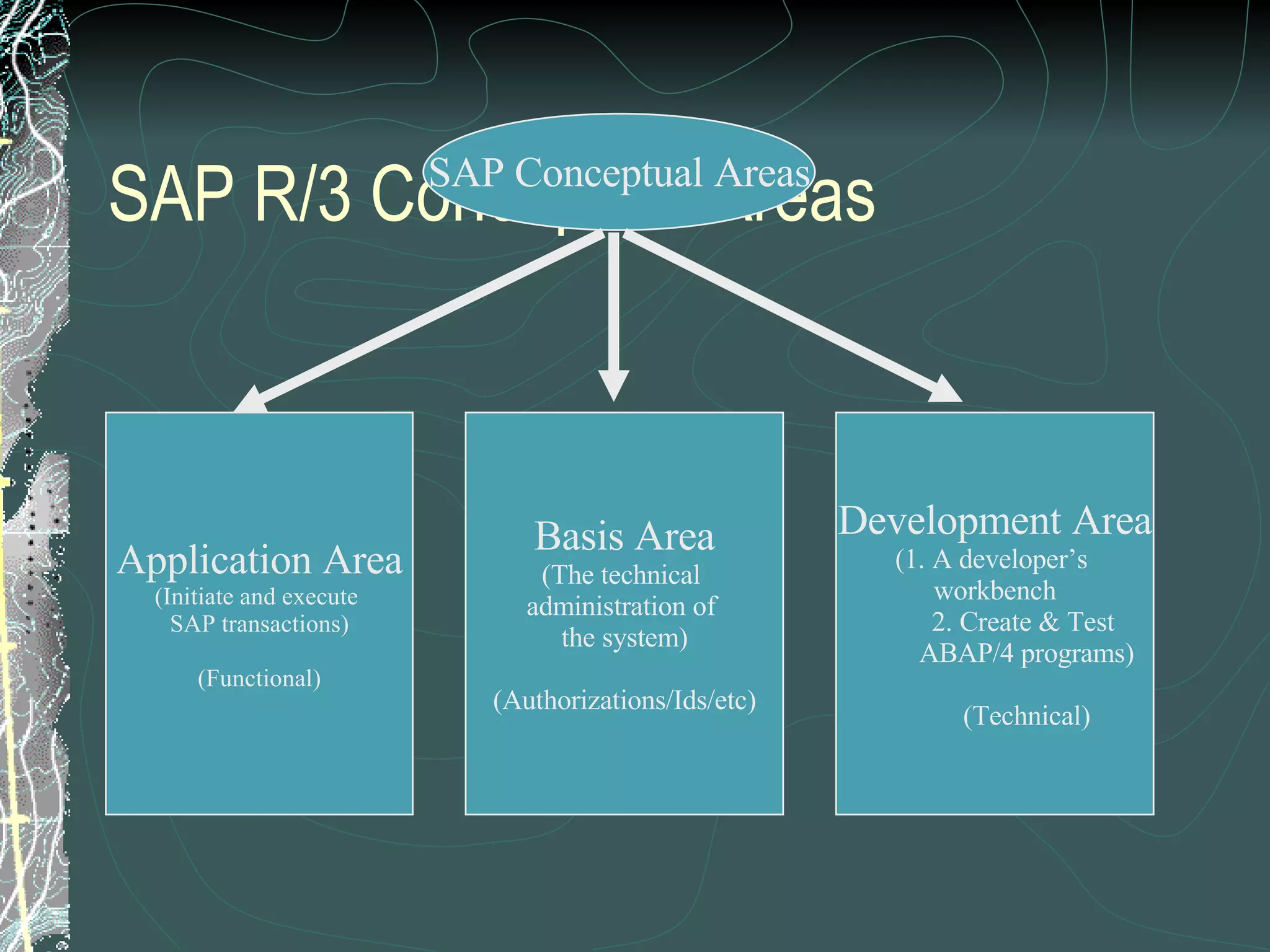 SAP R/3 Conceptual Areas SAP Conceptual Areas Application Area (Initiate and execute  SAP transactions) (Functional) Basis Area (The technical  administration of  the system) (Authorizations/Ids/etc) Development Area (1. A developer’s  workbench 2. Create & Test  ABAP/4 programs) (Technical) 