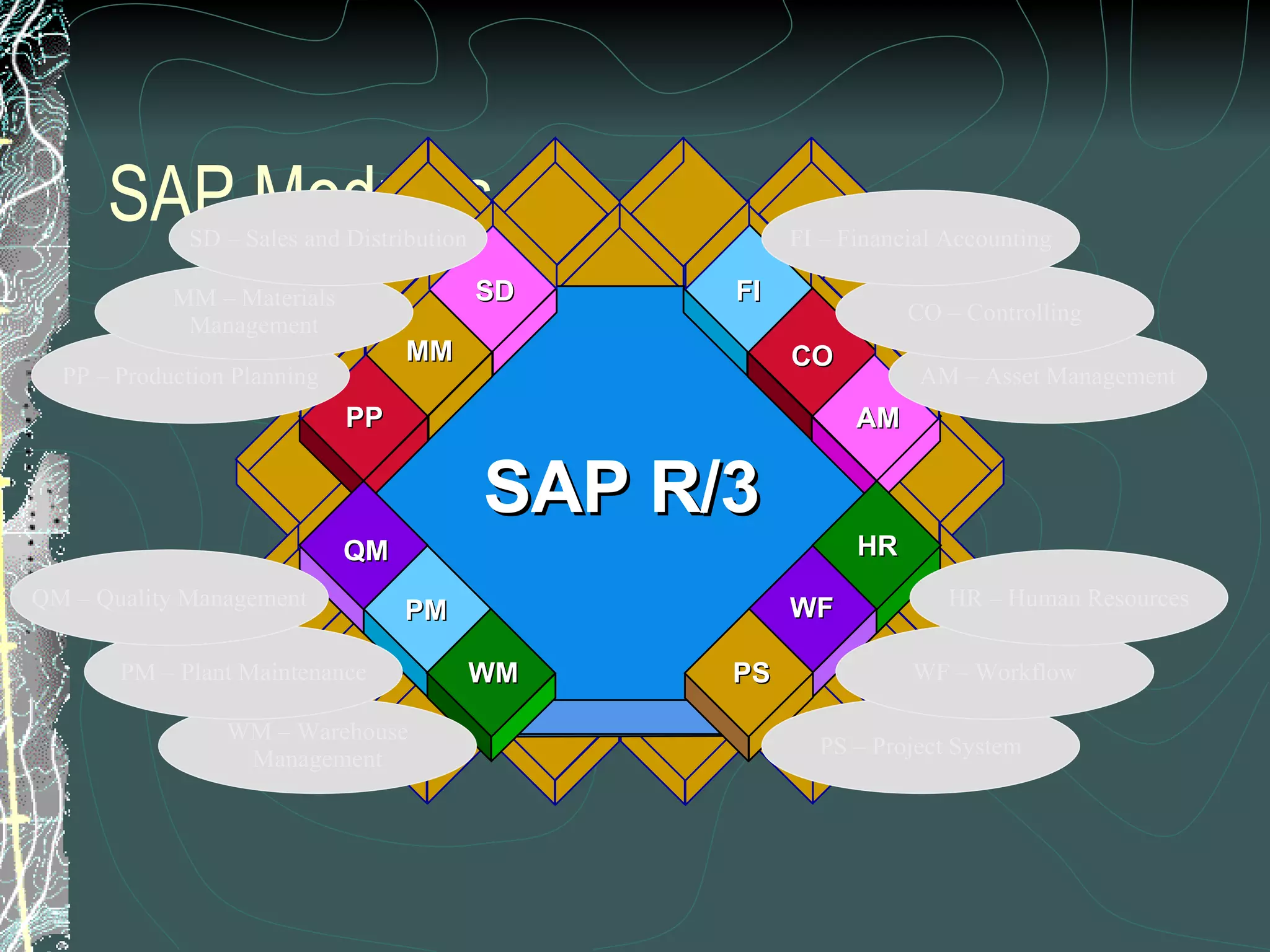 SAP Modules SAP R/3 FI WF PS PM WM PP MM SD HR AM CO QM PP – Production Planning WM – Warehouse Management PM – Plant Maintenance AM – Asset Management PS – Project System MM – Materials Management SD – Sales and Distribution QM – Quality Management WF – Workflow HR – Human Resources CO – Controlling FI – Financial Accounting 