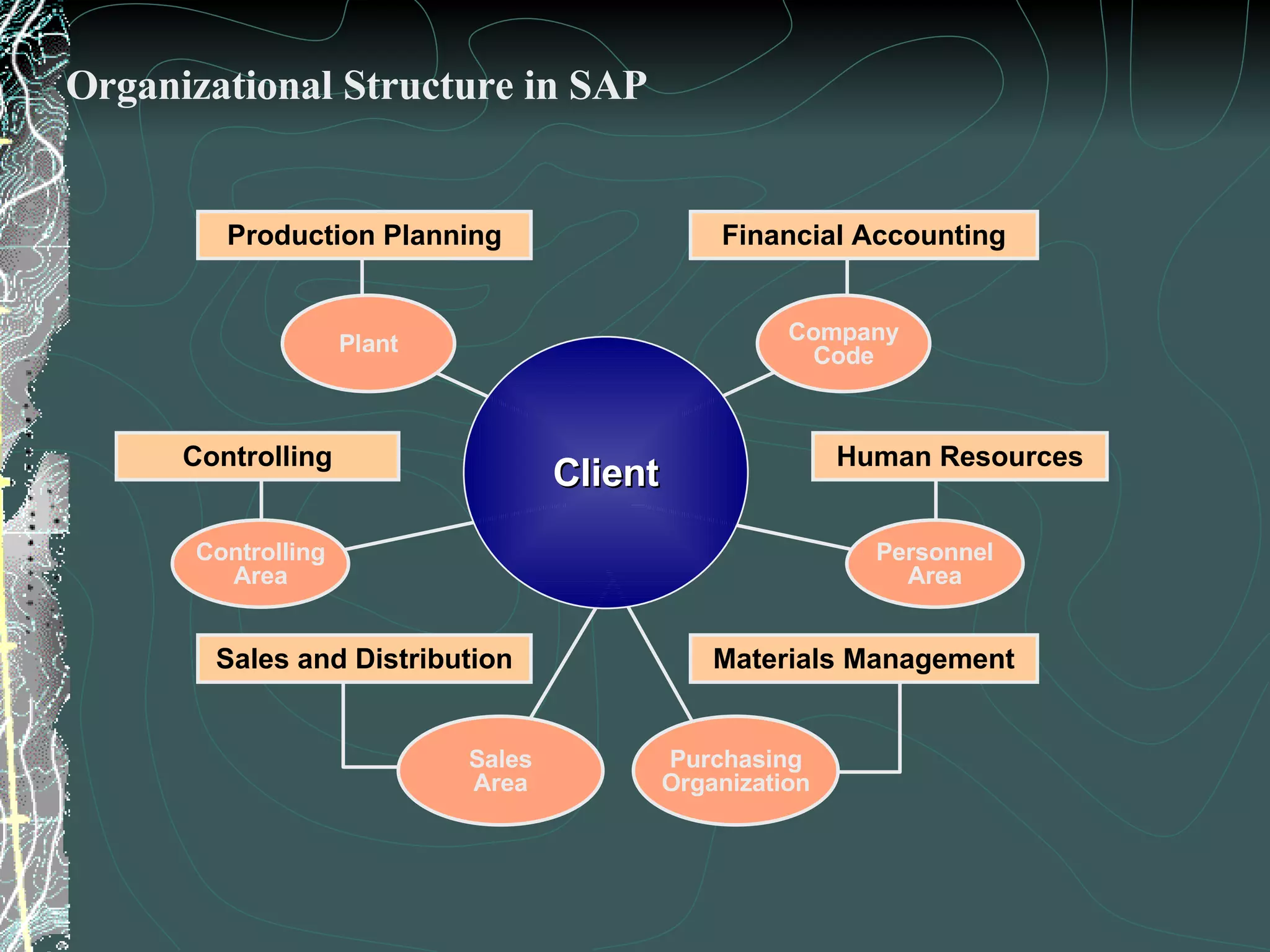 Organizational Structure in SAP Human Resources Controlling Client Company Code Purchasing Organization Personnel Area Production Planning Sales and Distribution Materials Management Financial Accounting Sales Area Controlling Area Plant 