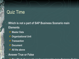 Quiz Time Which is not a part of SAP Business Scenario main Elements Master Data Organizational Unit Transaction Document All the above Answer True or False One Chart of accounts can be assigned to many Company Codes A plant can be assigned to many Company codes 