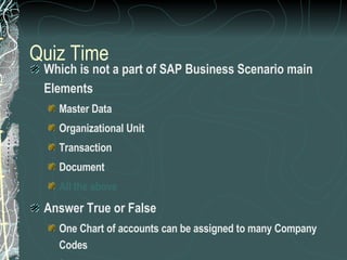 Quiz Time Which is not a part of SAP Business Scenario main Elements Master Data Organizational Unit Transaction Document All the above  Answer True or False One Chart of accounts can be assigned to many Company Codes ( True) A plant can be assigned to many Company codes (False) 