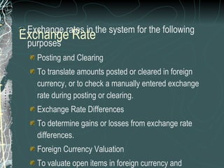 Exchange rates in the system for the following purposes Posting and Clearing To translate amounts posted or cleared in foreign currency, or to check a manually entered exchange rate during posting or clearing.  Exchange Rate Differences To determine gains or losses from exchange rate differences. Foreign Currency Valuation To valuate open items in foreign currency and foreign currency balance sheet accounts as part of the closing operations.  Valuation of Purchase Documents, Sales documents  and Commitments Exchange rates maintained for  a exchange rate type for an effective date between two currencies Exchange Rate 