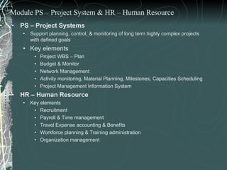 PS – Project Systems Support planning, control, & monitoring of long term highly complex projects with defined goals Key elements  Project WBS – Plan Budget & Monitor Network Management  Activity monitoring, Material Planning, Milestones, Capacities Scheduling Project Management Information System HR – Human Resource Key elements Recruitment Payroll & Time management Travel Expense accounting & Benefits Workforce planning & Training administration Organization management Module PS – Project System & HR – Human Resource 